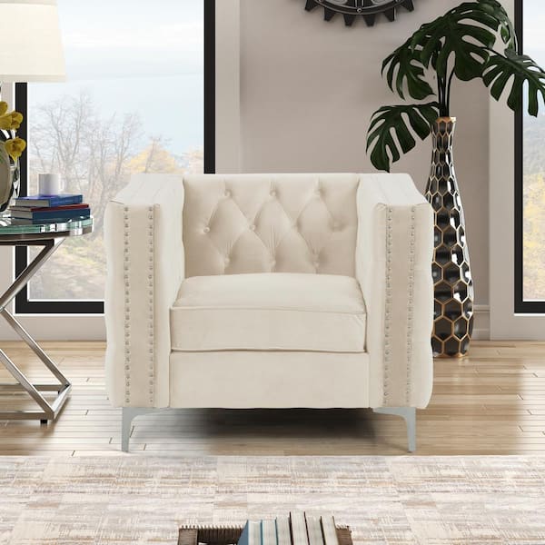Morden Fort Beige Modern Accent Chair with Deep Dutch Velvet