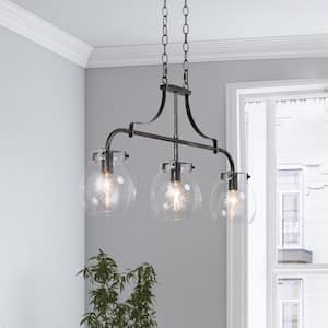 25 in. Black Chandelier Modern Candlestick 3-Light Industrial Island Linear Chandelier with Seeded Glass Shades