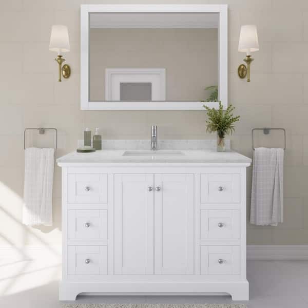 Wyndham Collection Avery 48 in. W x 22 in. D Single Vanity in White with Cultured Marble Vanity Top in Light-Vein Carrara with White Basin