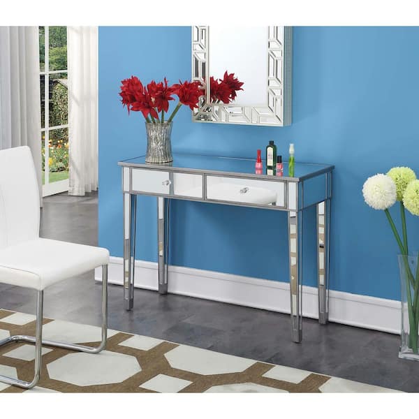 Convenience Concepts 42 in. Gold Coast Rectangle Antique Silver MDF 2-Drawer Writing Desk with Mirrored Inlay
