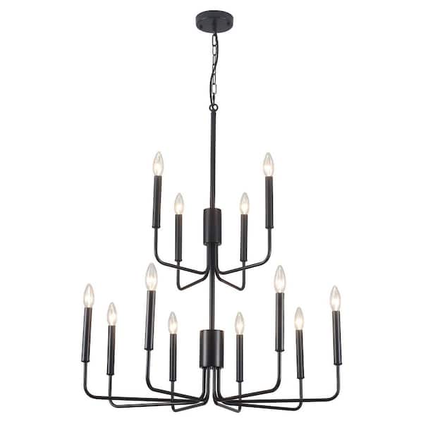 ADSENSTY 12-Light Black Height Adjustable Modern Linear Candlestick Chandelier, Hanging Light Fixture