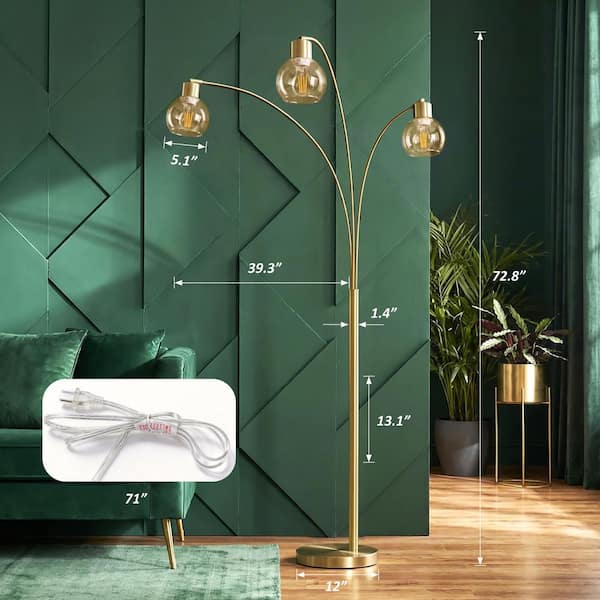 ROTTOGOON 73 in. Gold Industrial 3-Light LED Arc Tree Floor Lamp
