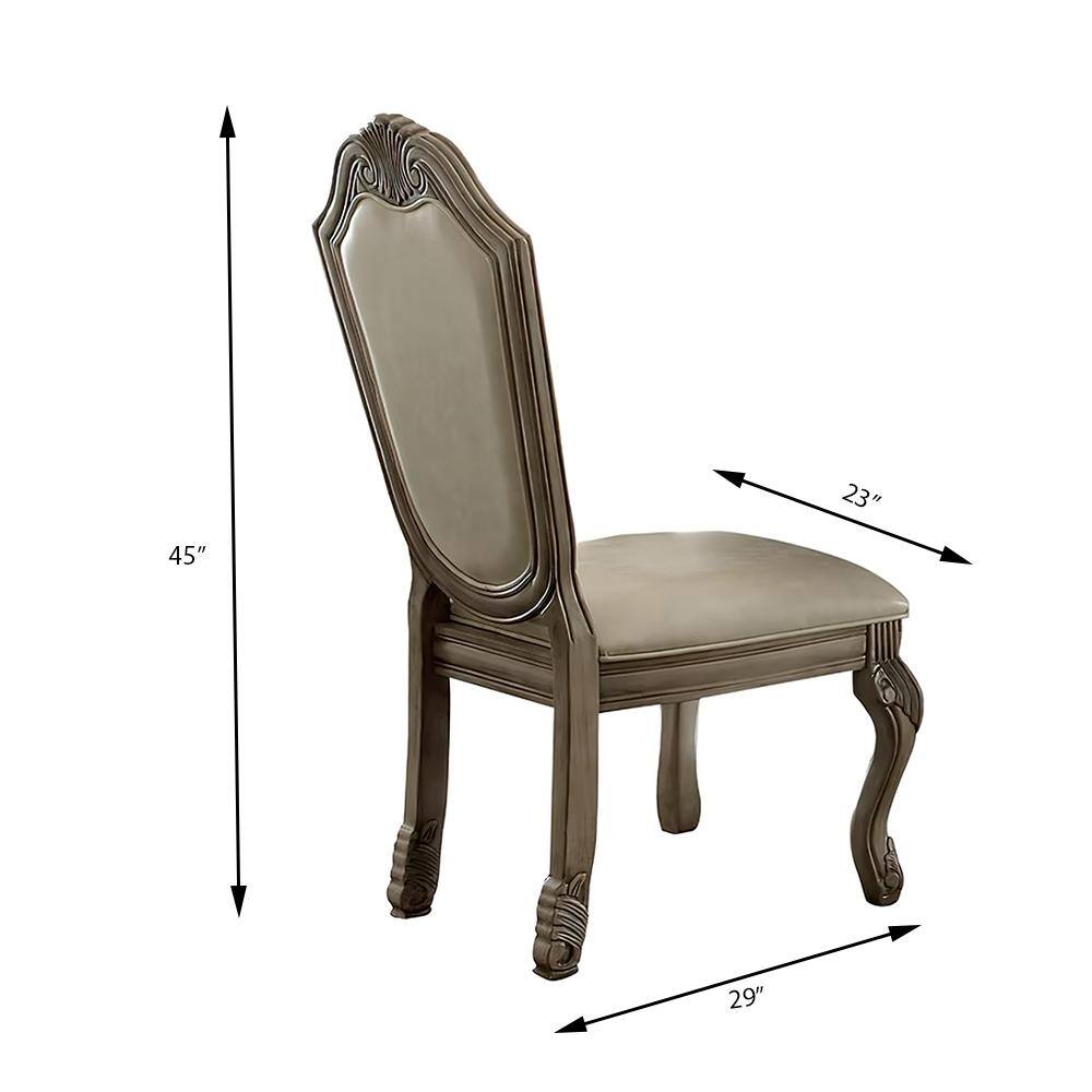 Antique White Upholstered Leather Side Chair with Wood Frame