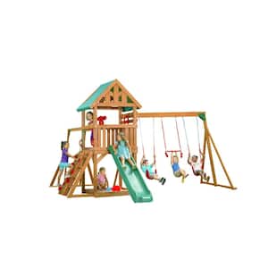 Mountain View Playset with Tarp Roof, Monkey Bars, Sandbox, Red Swing Set Accessories and Green Slide