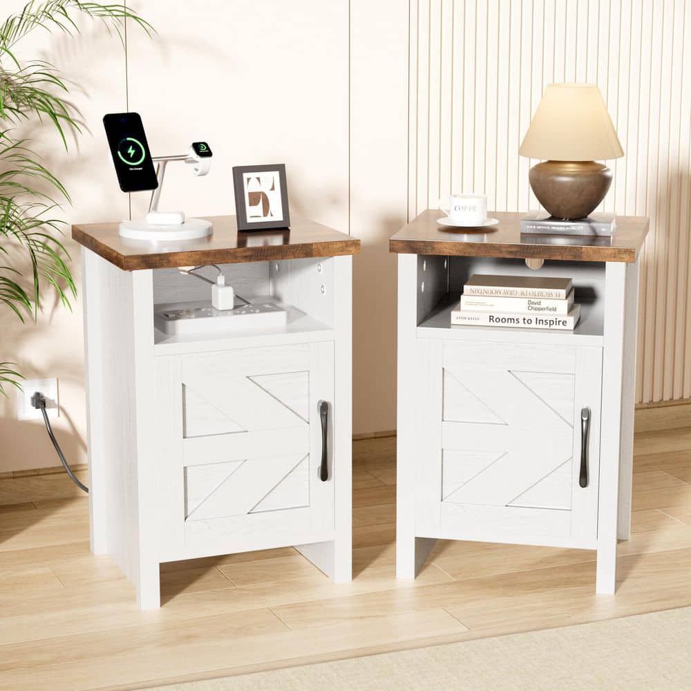 LACOO Farmhouse Modern Nightstand with Shelf and Barn Door