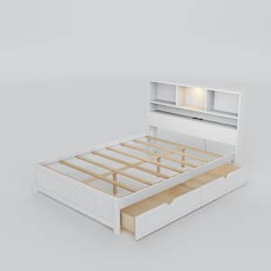 White Wood Frame Twin Platform Bed with Bookcase Headboard