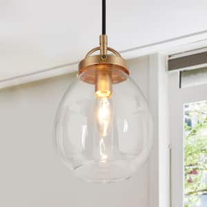 1-Light Dark Gold Kitchen Pendant Light, Modern Hanging Light with Oval Clear Glass Shade for Dining Room