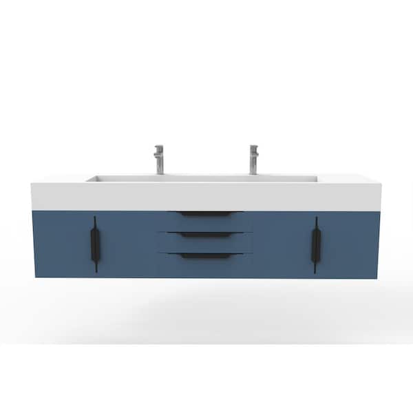 castellousa Nile 72 in. W x 19 in. D x 20 in. H Single Sink Bath Vanity in Matte Blue with Black Trim and White Solid Surface Top
