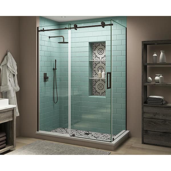 Aston Coraline XL 48 in. - 52 in. x 32 in. x 80 in. Frameless Corner Sliding Shower Enclosure Clear Glass in Bronze Right