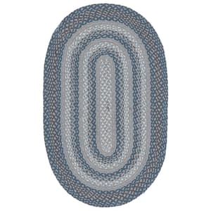 Braided Gray/Blue Doormat 3 ft. x 5 ft. Border Striped Oval Area Rug
