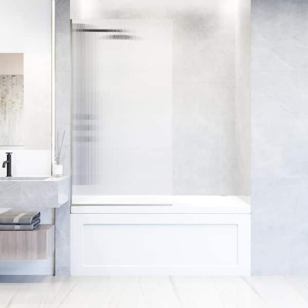 VIGO Zenith 34 in. W x 62 in. H Frameless Fixed Tub Screen Door in Stainless Steel with 3/8 in. (10mm) Fluted Glass