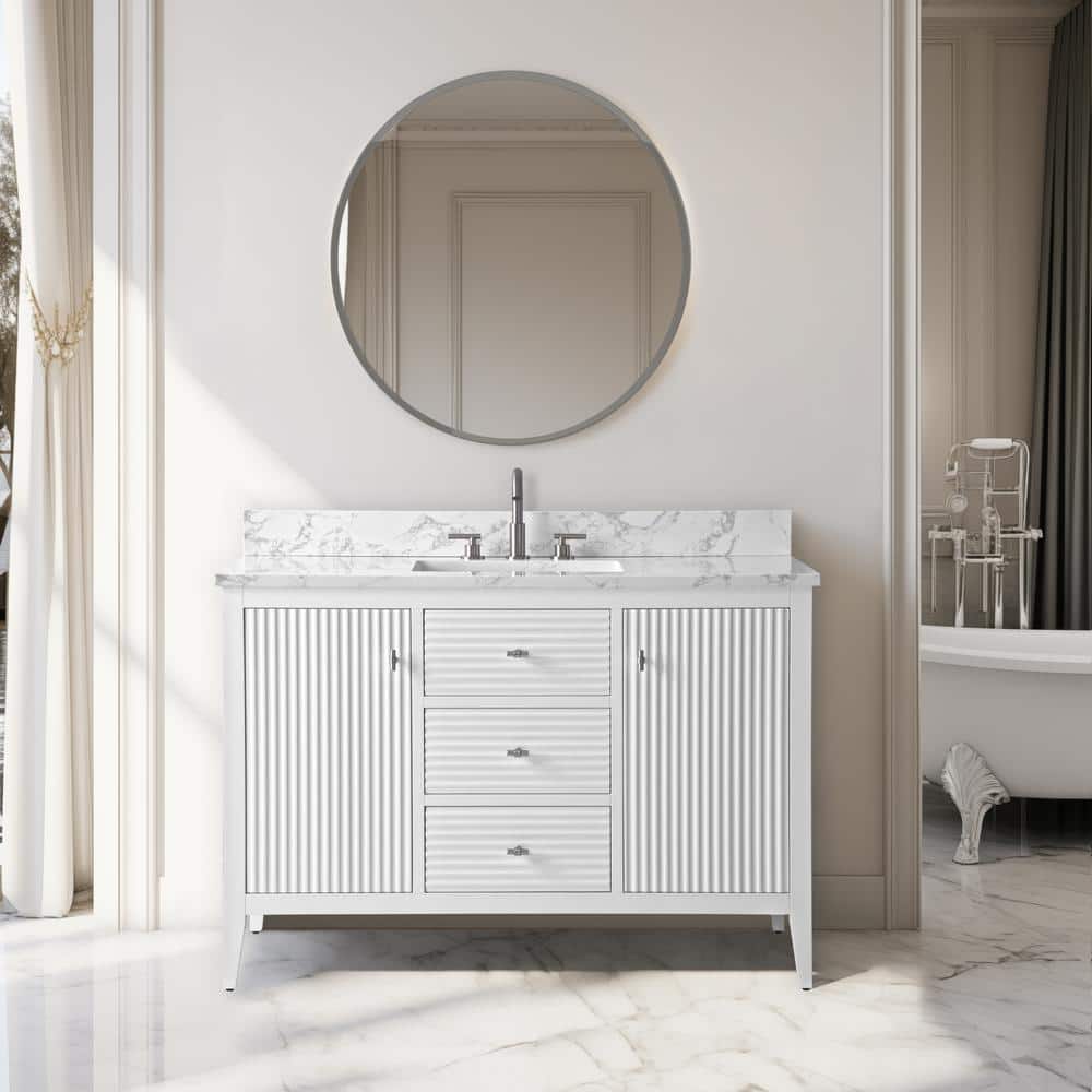 48'' White Solid Wood Freestanding Bathroom Vanity with Marble Top