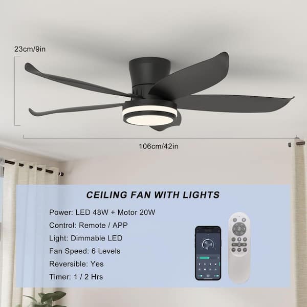 42 in. Indoor Black Modern Dimmable Reversible DC motor Flush Mount Ceiling Fan with Integrated LED and Rmote Included
