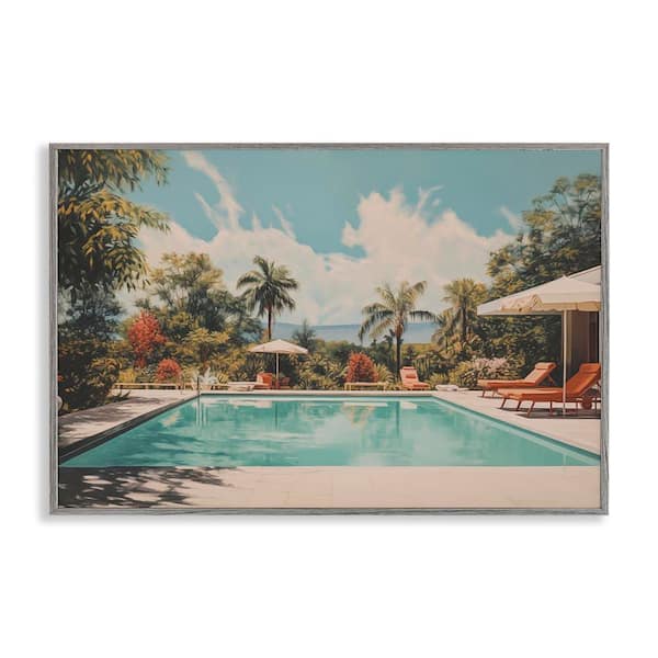 Stupell Industries Tropical Villa Swimming Pool by Arlington Prints Gray Framed Nature Giclee Art Print 16 in. x 24 in.