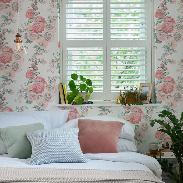 Laura Ashley Hollyhocks Coral Pink Wallpaper