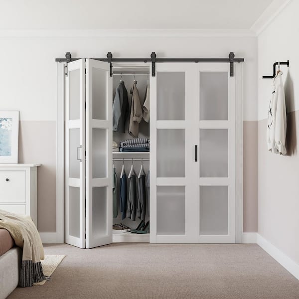 56 in. x 84 in. (Double 28 in. ) Bi-Fold 3-Lite Frosted Glass White Finished MDF Sliding Barn Door with Hardware Kit