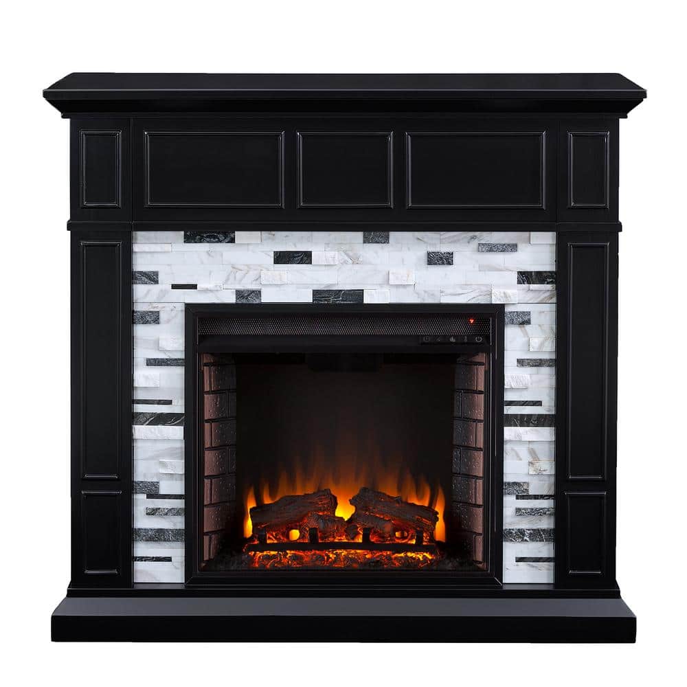 Southern Enterprises Etta Marble 46 in. Electric Fireplace in Black with White and Gray, Black finish with white and gray marble -  HD014005