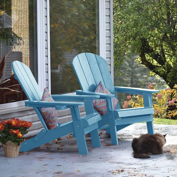 Light Blue Plastic Outdoor Folding Adirondack Chair with Cup Holder (2-Pack)