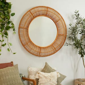 39 in. x 39 in. Handmade Woven Round Framed Brown Wall Mirror