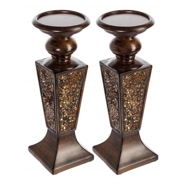 Brown Resin Pillar Candle Holder-Crackled Mosaic Design, 2-Pack