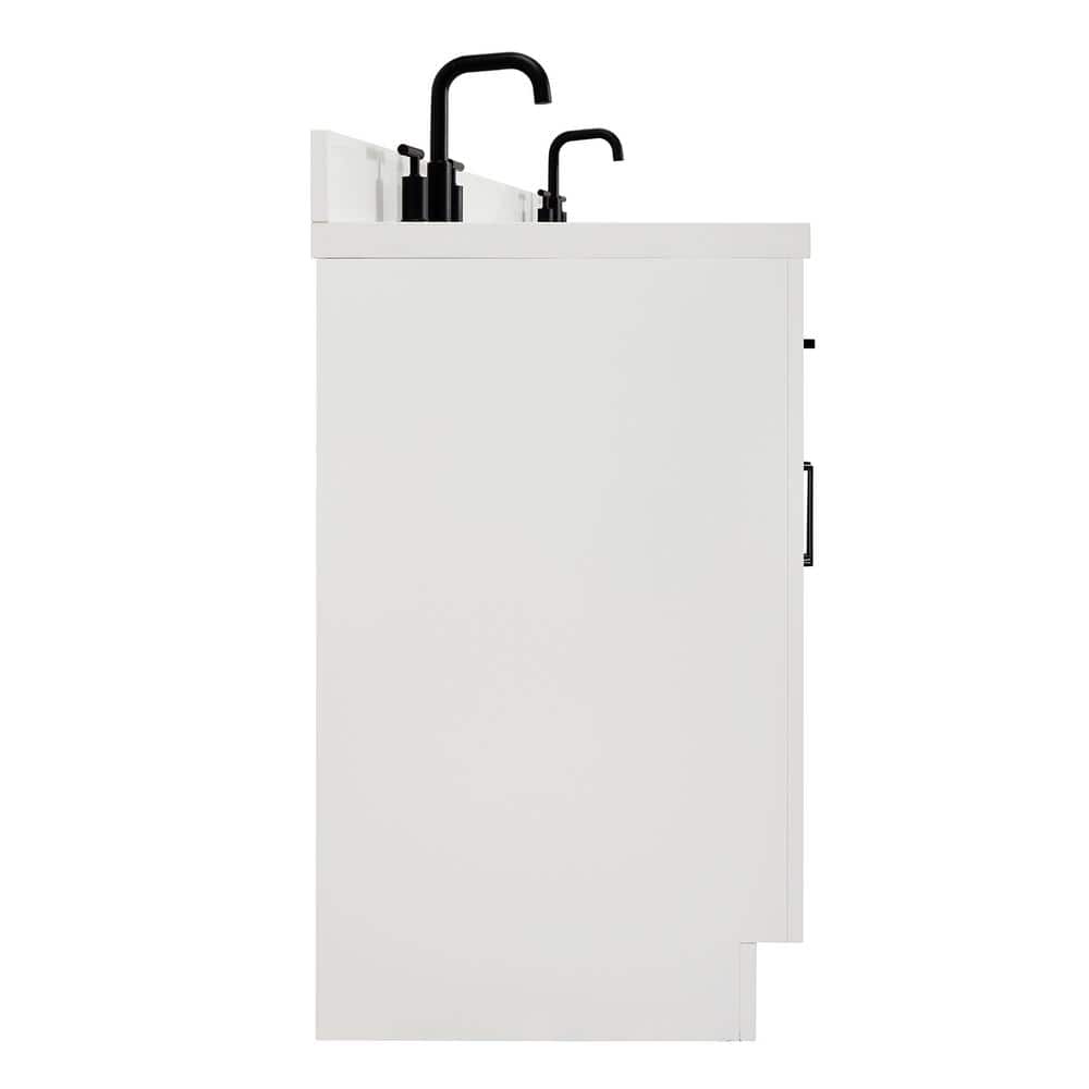 White Quartz Double Basin Freestanding Vanity with Black Hardware