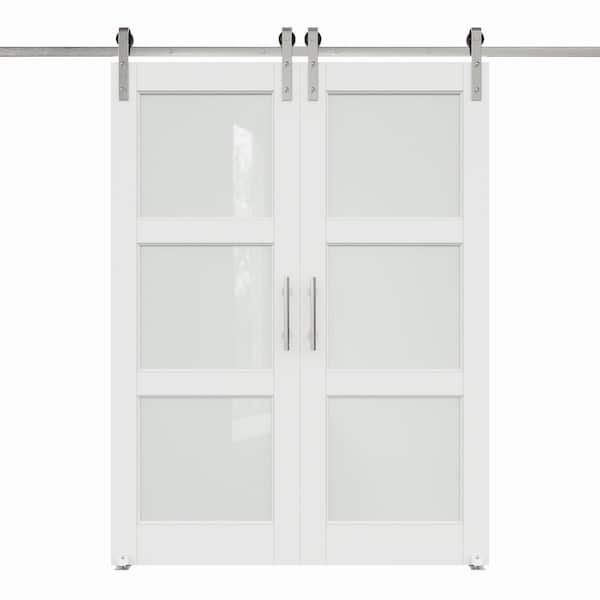 64 in. x 96 in. 3-Lite Frosted Glass White Primed MDF Sliding Barn Door with Hardware Kit Nickel Plated