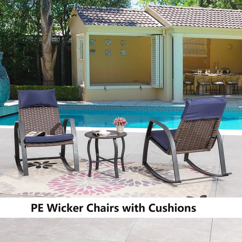 Modern Black Galvanized Steel Rocking Bistro Set with Blue Cushions