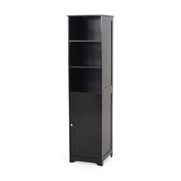 16 in. W x 15 in. D x 63 in. H Black Wood Linen Cabinet, Tall Diplay Storage Bathroom Cabinet with Open Shelves
