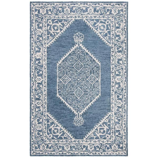SAFAVIEH Micro-Loop Blue/Ivory 5 ft. x 8 ft. Medallion Floral Border Area Rug