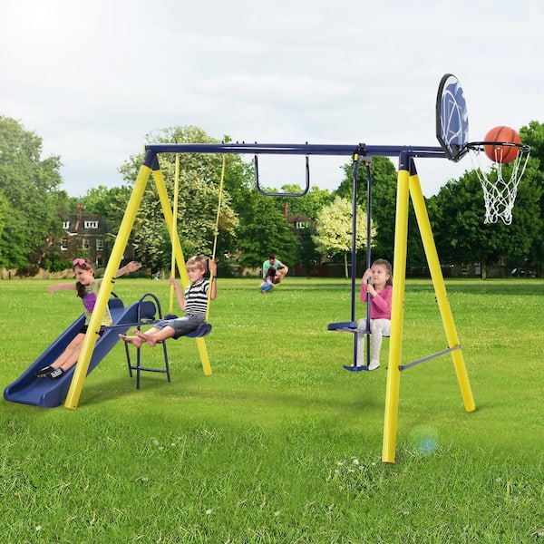 Unbranded LN20232278 Metal Outdoor Swing Set with Climbing Wall, Cover, Swing, and Tower Steel Frame, Swing n' Slide, Basketball Hoop - 3