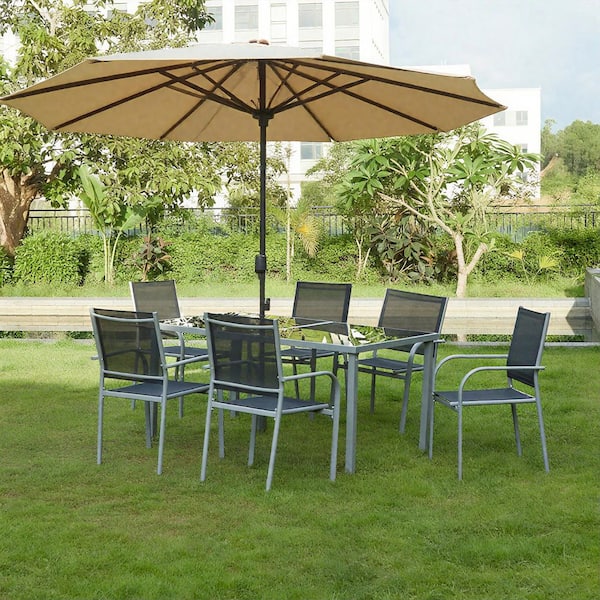 Black 7-Piece Steel Outdoor Dining Set with Black Table and 6-Black Chairs