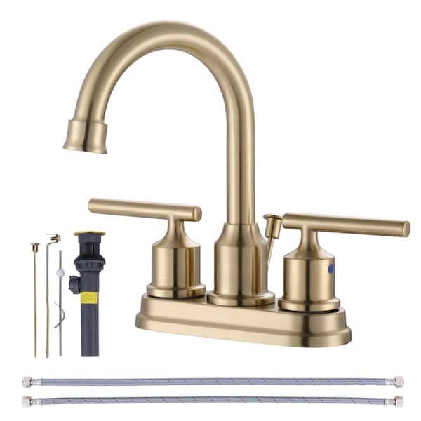 ARCORA 4 in. Centerset Double-Handle High Arc Bathroom Faucet with Drain Kit Included in Gold