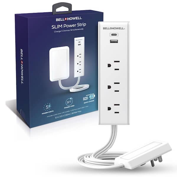 Bell + Howell Slim Multi Power Strip 3 Outlets, 1 USB and 1 USB-C Ports Charging Extension with Outlet Cover and Surge Protection