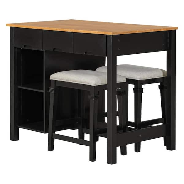 Unbranded Black Rubber Wood Kitchen Cart Island Set with Seats, Shelves and Drawers for Dining Room