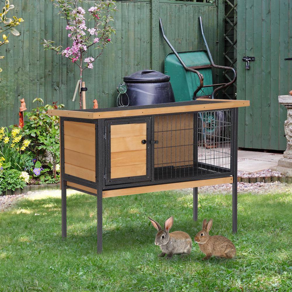 Natural Wood Elevated Rabbit Hutch with Metal Frame and Asphalt Roof