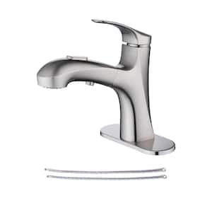 Single-Handle Single-Hole Pull Out Sprayer Bathroom Faucet with Deckplate and Supply Lines Included in Brushed Nickel