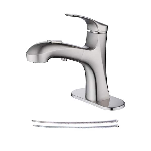 RAINLEX Single-Handle Single-Hole Pull Out Sprayer Bathroom Faucet with Deckplate and Supply Lines Included in Brushed Nickel