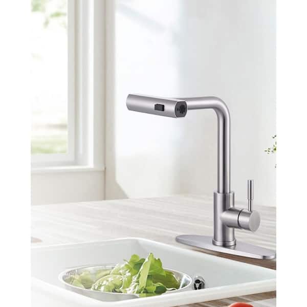 15.7 in. 3 Modes Single Handle Waterfall Pull Down Sprayer Kitchen Faucet with 360° Spout Swivel in Brushed Nickel