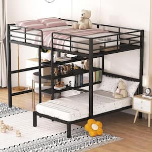 Black Full over Twin Metal Bunk Bed with Built-in Shelves, Ladder and Desk