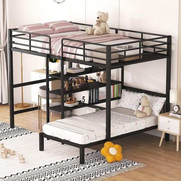 Harper & Bright Designs Black Full over Twin Metal Bunk Bed with Built-in Shelves, Ladder and Desk