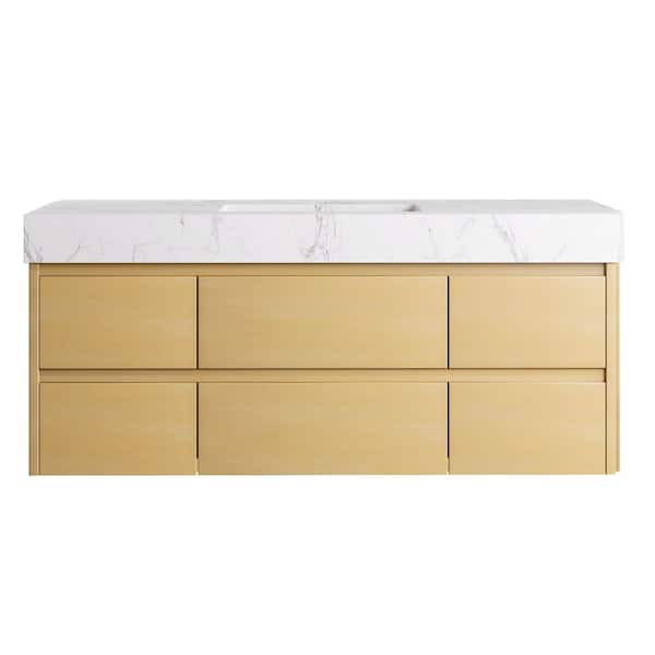 48 in. W X 20.8 in. D X 21.2 in. H Floating Bathroom Vanity in Natural wood solid/White Marble Countertop and Lights