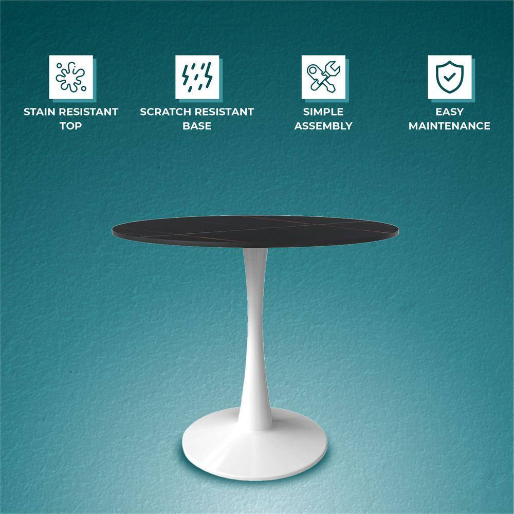 Bristol Round Black Marble Dining Table with White Pedestal Base