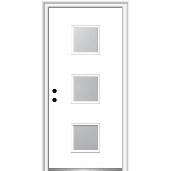 MMI DOOR Aveline 32 in. x 80 in. Right-Hand Inswing 3-Lite Frosted Glass Primed Fiberglass Prehung Front Door on 6-9/16 in. Frame