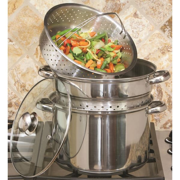 ExcelSteel 555 8 qt. Stainless Steel Multi-Cooker Pasta with Lid and Black Silicone Handles