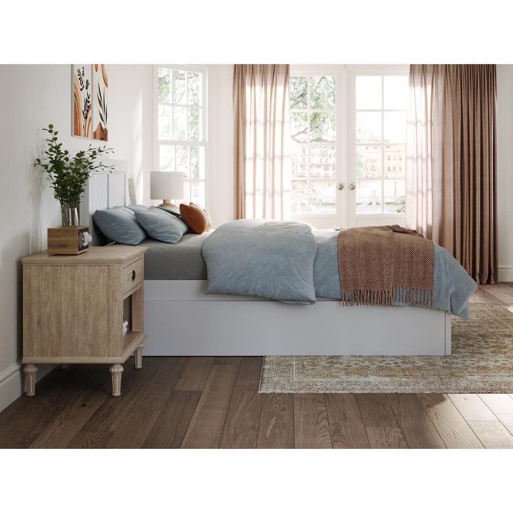 White Twin Wood Platform Bed with Trundle and Chevron Headboard