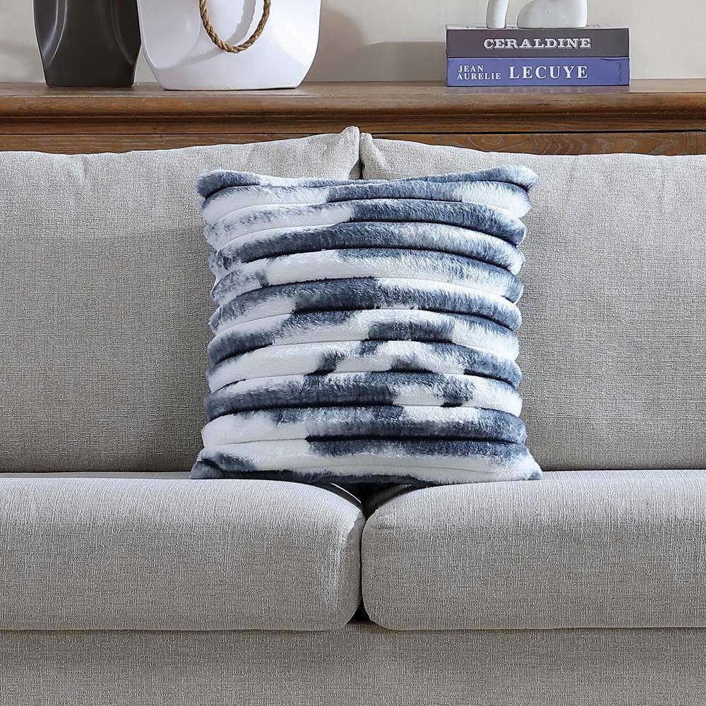 French Ribbed Blue 18" Plush Faux Fur Decorative Pillow