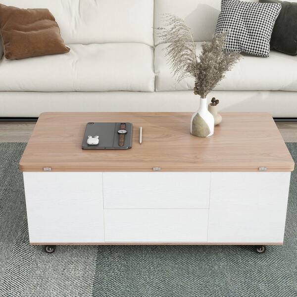 Polibi 47.24 in. White Rectangle MDF Top Coffee Table with 3-Drawers