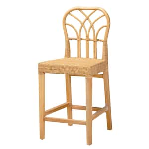 Monaco 24.4 in. Mahogany and Natural Rattan Wood Counter Stool