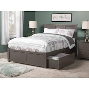 Madison Grey Queen Solid Wood Storage Platform Bed with Flat Panel Foot Board and 2 Bed Drawers