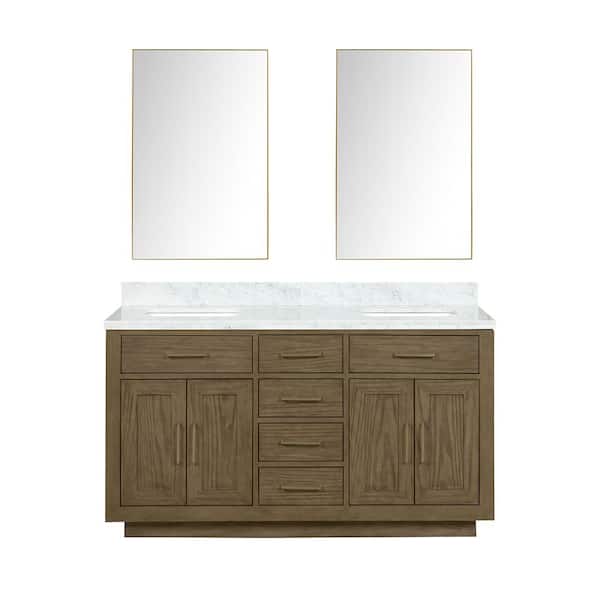 Condor 60 in W x 22 in D Grey Oak Double Bath Vanity, Carrara Marble Top, and 28 in Mirrors